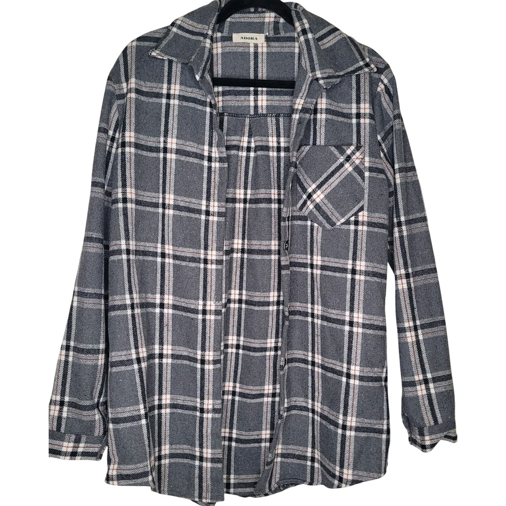 ADORA Plaid Flannel Button-Up Shirt 100%‎ Polyester Gray White Black Orange L